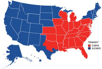 Map showing areas where 2-Day shipping is available